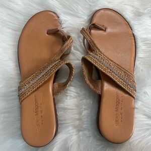Tan Braided Toe-Ring Sandals with Metallic Accent